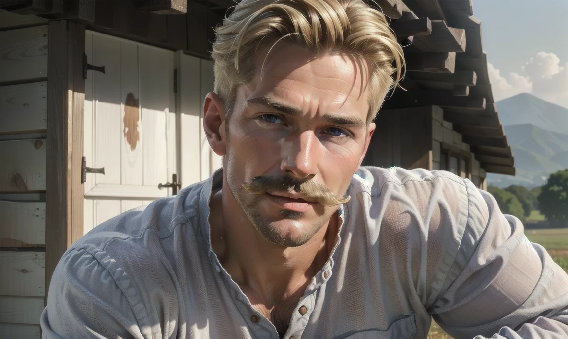 [((highly detailed, detailed eyes, detailed face, clear and realistic facial features, photorealistic, realistic light, cinematic)), ((((1 man)))), Mark is a gorgeous and alluring slender wiry male farmer father aged 45 with short blond hair and a neat moustache and blue eyes and weathered skin, (((slim slender wiry physique))), ((((middle-aged man)))), (((wearing a flannelette shirt))), ((((well-groomed blond moustache)))), ((sexy southern gay daddy farmer)), ((greying dark-blond hair)), (((heavily weathered sun-tanned skin from being outdoors everyday))), (((Mark has a seductive smirking look on his face and a slight blush on his cheeks))), There is a charming yet dry southern farm in the background, ((((expression of strong attraction on face)))), (((leaning against the side of the farm house)))]