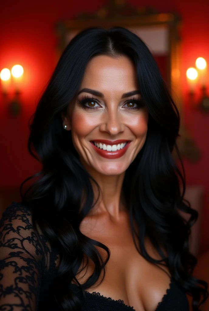 woman in her 60s, very thin white with many wrinkles, pose for selfie not Instagram, naked, sexy pose, smiling showing her teeth, heavy makeup long black and black hair looking at the camera, detailed photo, realistic lighting, High quality real skin: 1.4, Enhanced cinematic lighting: 0.9, hyper-realistic: 1.4, (soft lighting: 1.05) moving figure, sexy dominant pose, domination, mistress, BDSM, red room with candles