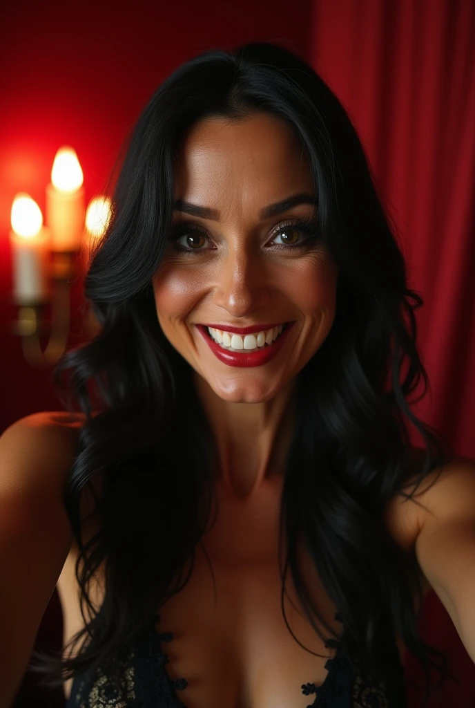 woman in her 60s, very thin white with many wrinkles, pose for selfie not Instagram, naked, sexy pose, smiling showing her teeth, heavy makeup long black and black hair looking at the camera, detailed photo, realistic lighting, High quality real skin: 1.4, Enhanced cinematic lighting: 0.9, hyper-realistic: 1.4, (soft lighting: 1.05) moving figure, sexy dominant pose, domination, mistress, BDSM, red room with candles
