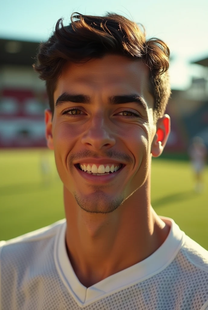 photorealism, ultrarealism, 8k, super detailed, a very handsome man 25 years old, square shaped face, brown eyes, thick eyebrows, a scar on the left brow, thick eye lashes, seductive glance, seductive smile, wide cheekbones, straight nose with wide nostrils, thin upper lip, thick lower lip, very short dark hair, dimples, sportsman