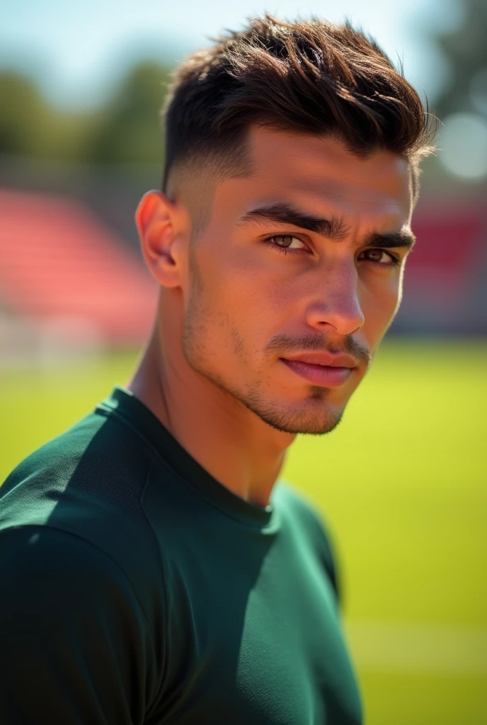 photorealism, ultrarealism, 8k, super detailed, a very handsome man 25 years old, square shaped face, brown eyes, thick eyebrows, a scar on the left brow, thick eye lashes, seductive glance, seductive smile, wide cheekbones, straight nose with wide nostrils, thin upper lip, thick lower lip, very short dark hair, dimples, sportsman