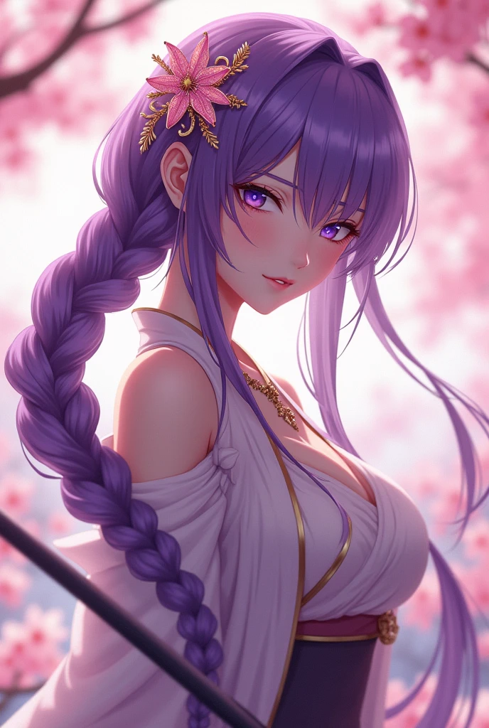 masterpiece, Best quality, complex parts, 3d, anime style, high detail, Young woman, high growth, long purple hair braided into a braid, a large hair clip, Chinese clothing similar to a yukata but more revealing, A naginata in hand, Long face, purple eyes, Sakura on the background