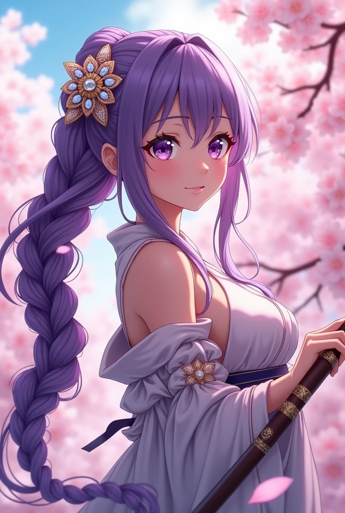 masterpiece, Best quality, anime style, high detail, Young woman, high growth, long purple hair braided into a braid, a large hair clip, Chinese clothing similar to a yukata but more revealing, A naginata in hand, Long face, purple eyes, Sakura on the background