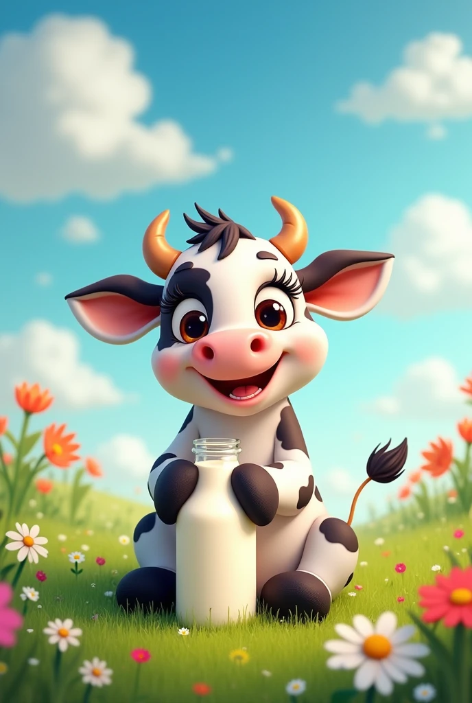 cute cow sitting animated with long eyelashes holding a bottle of milk