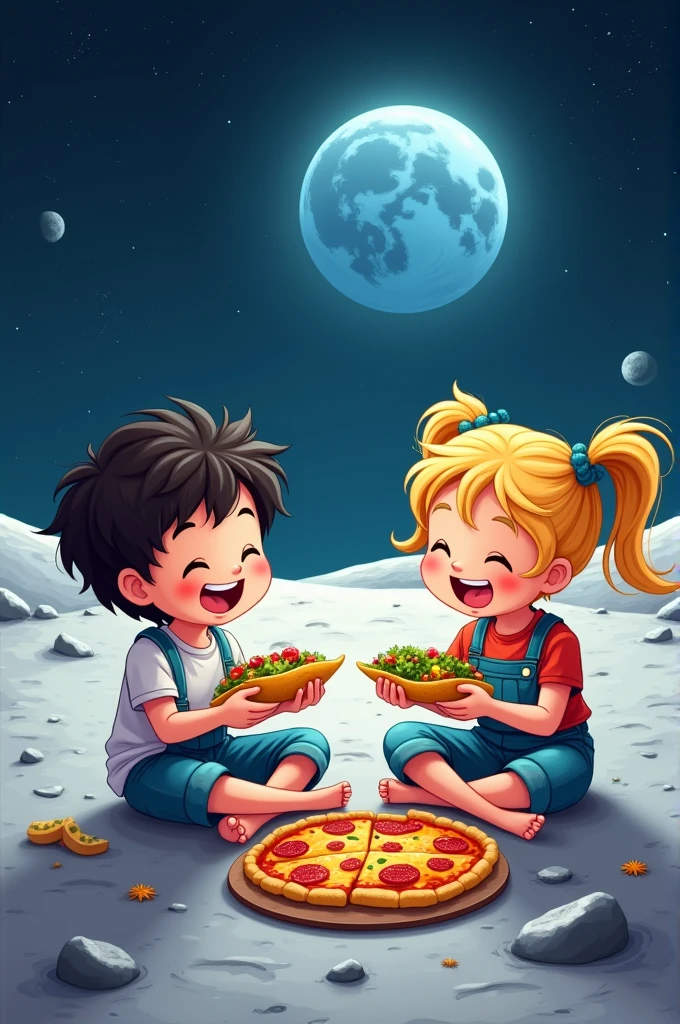 Two children eating tacos and pizza on the moon