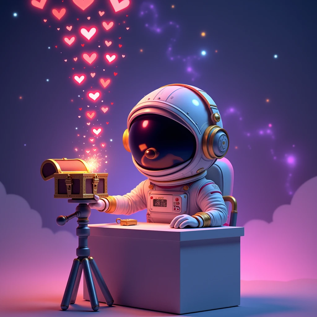 A little human astronaut avatar of a photographer wearing headphones is sitting at a desk in front pose with a tripod stand placed in front of him. He is taking a photo of himself while holding an open box in his other hand, from which hearts and likes are floating out. in galaxy with purple gardient background