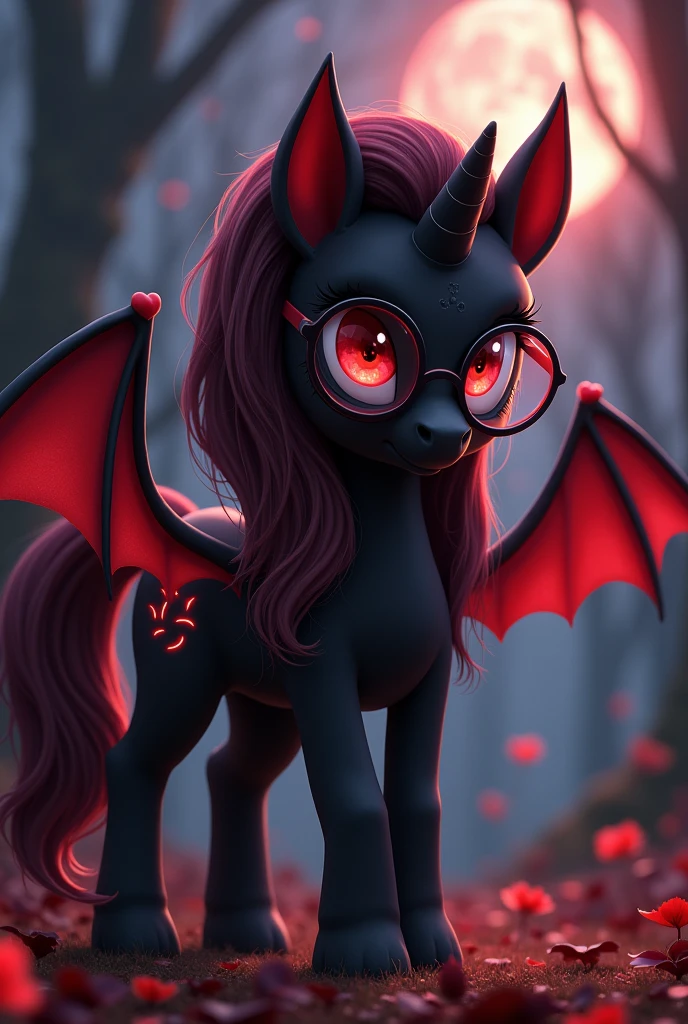 Black pony with red bat wings, Bat ears with red tips. The mane is black and red.. 2D girl with red glasses WITHOUT HORN cutie mark of a red moon, she has NO HORN, She only has wings.. There is no person next to her, she's the only one. She is wearing round glasses with red lenses.. she has NO HORN
