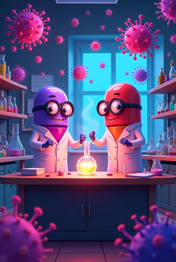 A cartoon of a laboratory, full of viruses in the air,with flashing lights,and there is a table that in the center has a super bacteria being created,around this table there are 2 scientists,but they aren't human,They are giant purple and red medicine pills.,wearing glasses, the lab coat