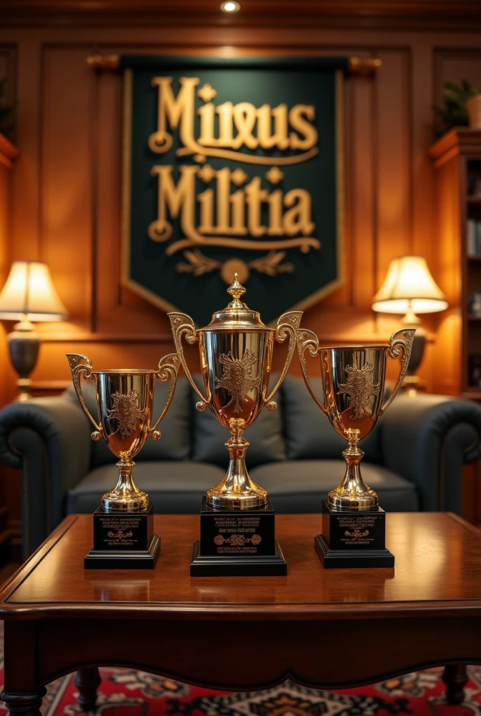 Realistic image of 3 trophies displayed in showcases in a living room with the text minus Militia as the main decoration