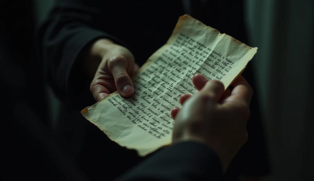 A close-up reveals a hand passing a note full of gossip, the paper crumpled and worn from multiple readings. The handwriting is illegible, adding to the air of secrecy. The hand belongs to a figure in the shadows, whose expression is illegible but hints at ulterior motives. The lighting is dim, casting dramatic shadows and highlights, increasing the tension in the scene.ultra realistic image--ar 16:9