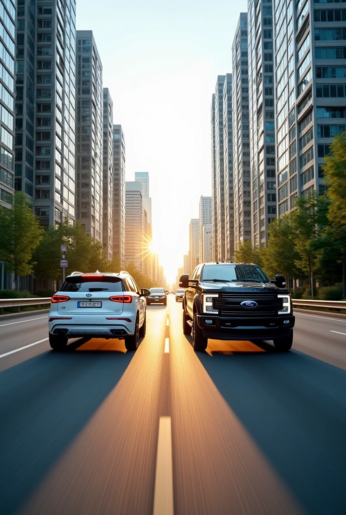 A dual carriageway on an avenue lined with buildings. The dual carriageway, two-way, has two lanes each way. On the left side, the direction of travel is a white Saveiro Cross car and on the right side is a Ford F350 truck of the chinco type, In the black color. The saveorp is on the blinker side in the double lane of two lanes. camera show behind the vehicles. Show back