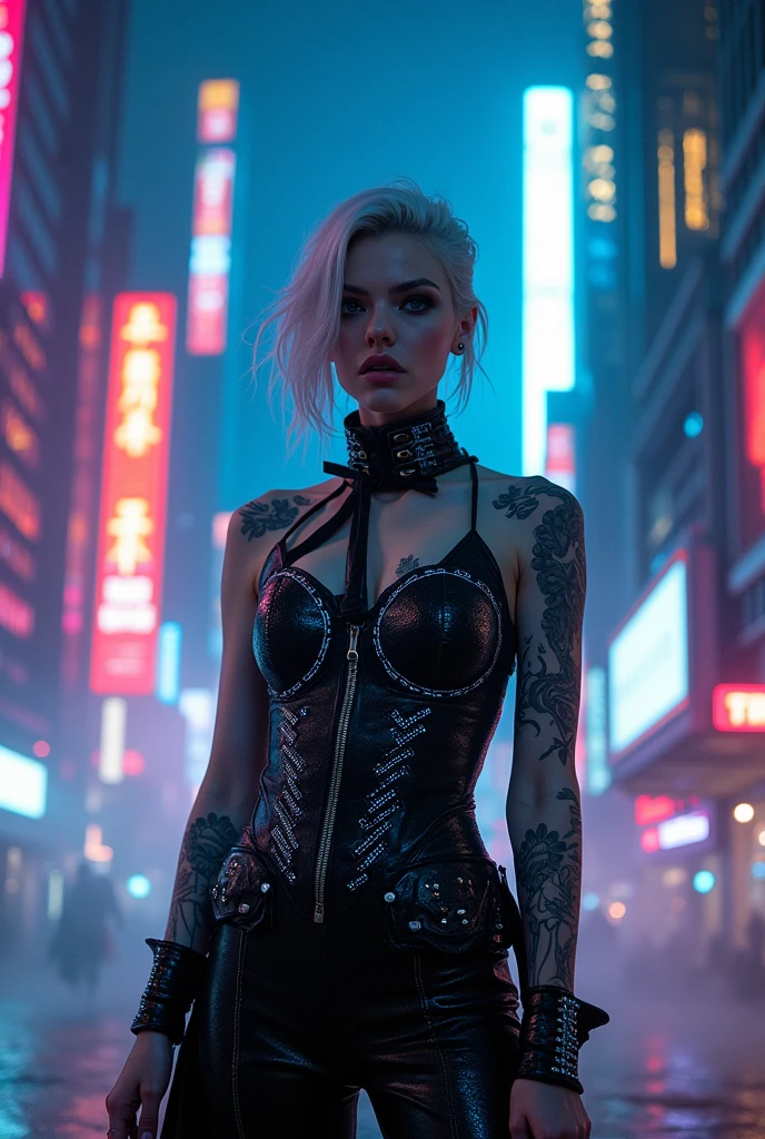 a beautiful tattooed girl in a dress and sunglasses walking down a city street, naked art, by Ni Yuanlu, gothic art, portrait of alice in wonderland, ( waitress ) girl, blue corset, blonde girl in a cosmic dress, fantastic background of cyberpunk industrial city, neon glow, cyberpunk details, atmospheric contrasts, kerem beyit, john watkiss, solo portrait