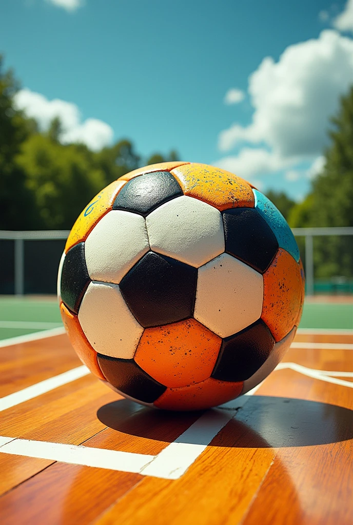A blend of a soccer ball, basquetebol, Volleyball in the center of the image with a background mixing a soccer field, basketball court and sand volleyball court