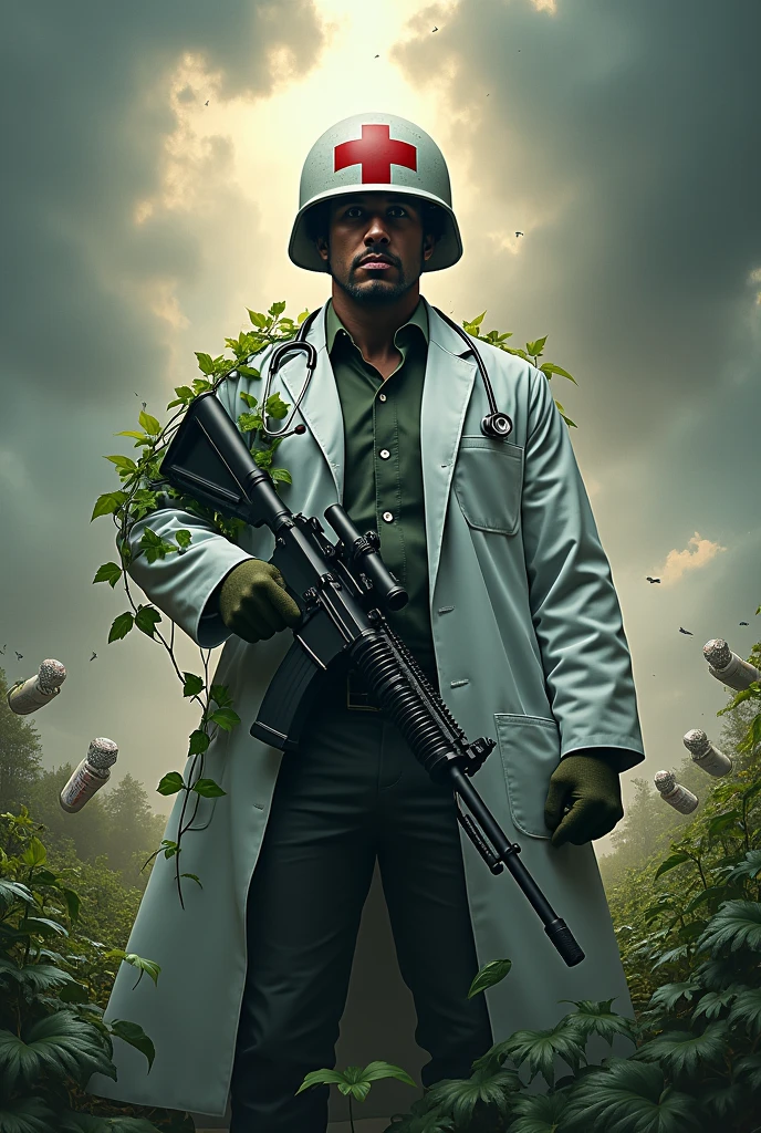 The symbol of health with a rifle and helmet
