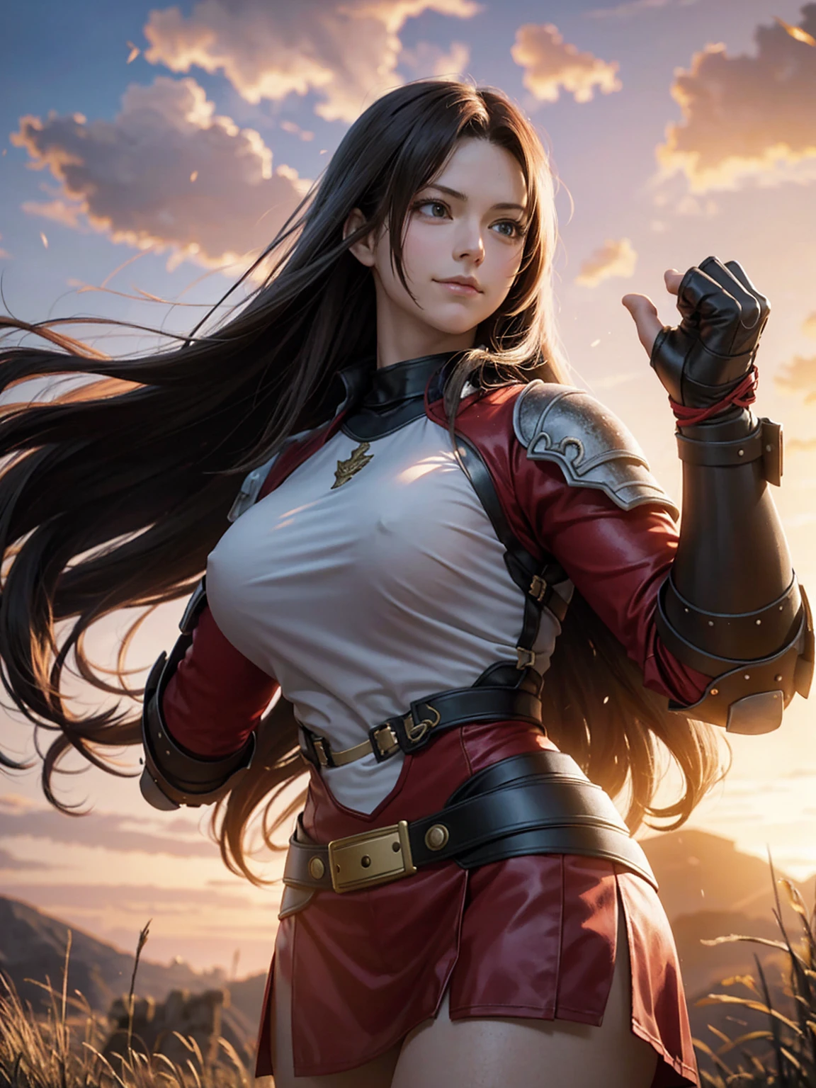 Claire Redfield, (ancient armor:1.2), metal skirt, fluttering hair, long wavy hair, long curl hair, thick thighs, muscle, (upper body from below:1.2), blush, gentle smile, hands on hip, in grassland, sunrise