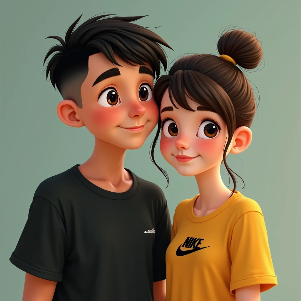 Disney A age boy with white skin color, Aquiline nose, thick lips, with low taper fade cut, textured fade with a black Nike shirt
A teengirl with tied hair and bangs, Disney mustard yellow shirt