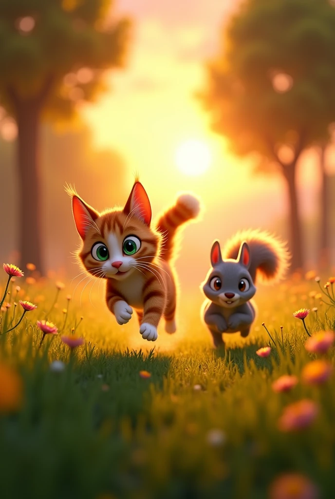 a cat chasing a squirell, scene from a pixar style animation, warm colors, sunset lights