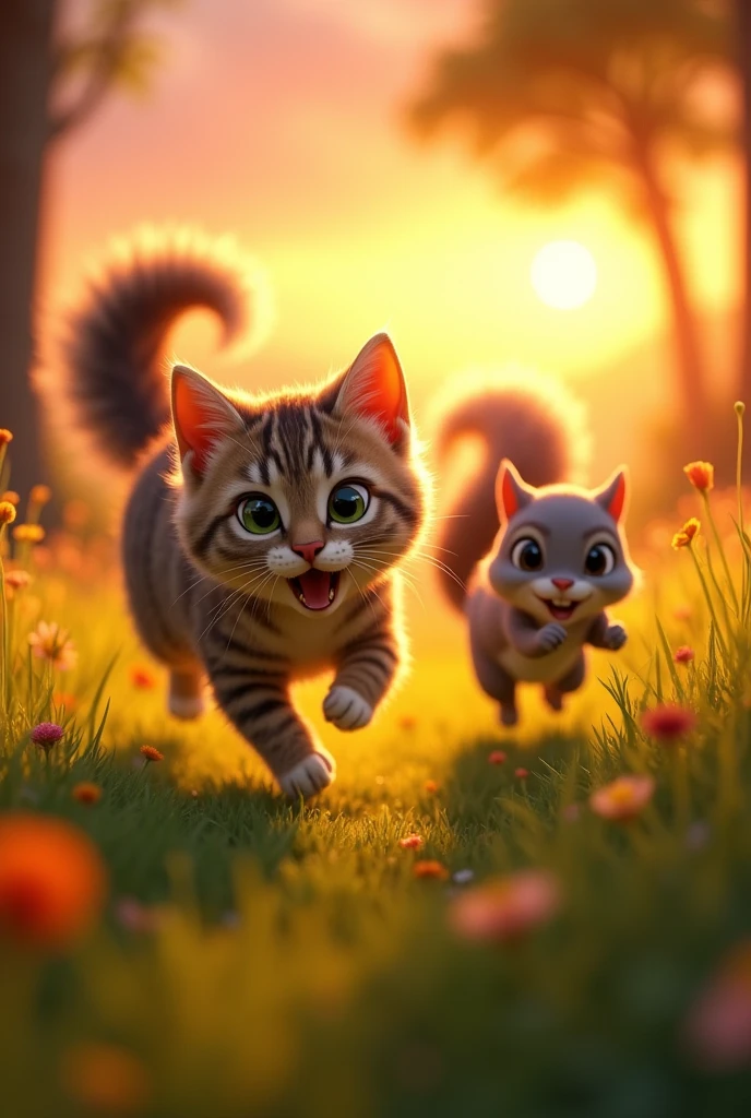 a cat chasing a squirell, scene from a pixar style animation, warm colors, sunset lights
