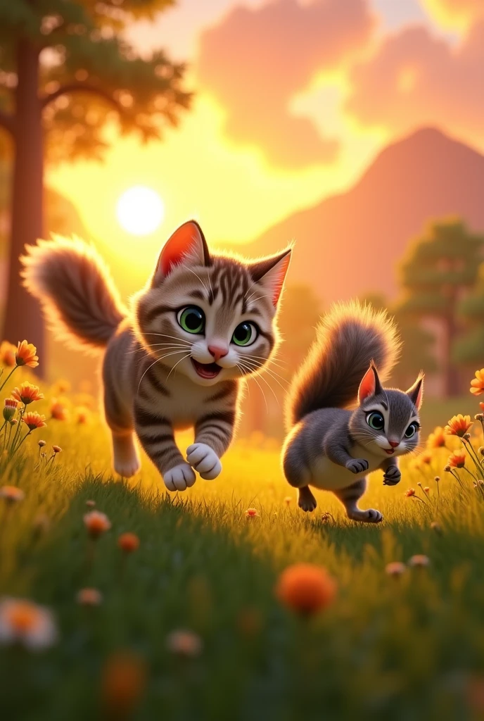 a cat chasing a squirell, scene from a pixar style animation, warm colors, sunset lights
