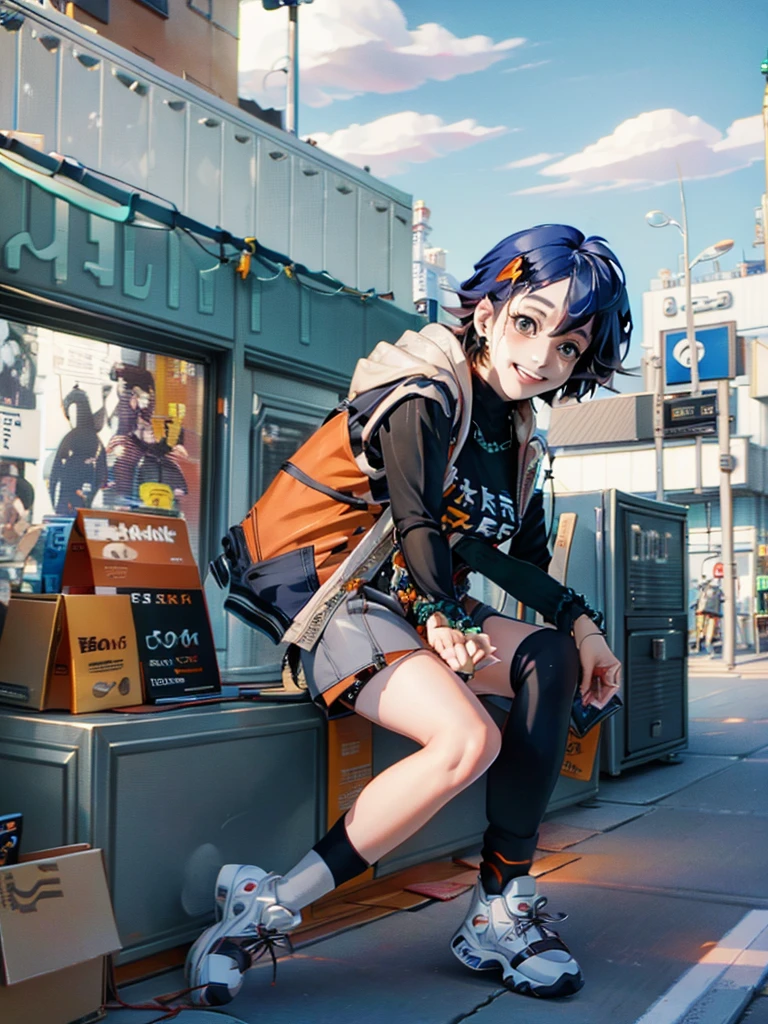 [1 cute anime girl with short blue hair], [wearing tshirt, jacket, skirt, long socks, tennis shoes], [smiling in city scape, daytime, sunny], [anime illustration, high quality], [sunny, bright, smiling in downtown]