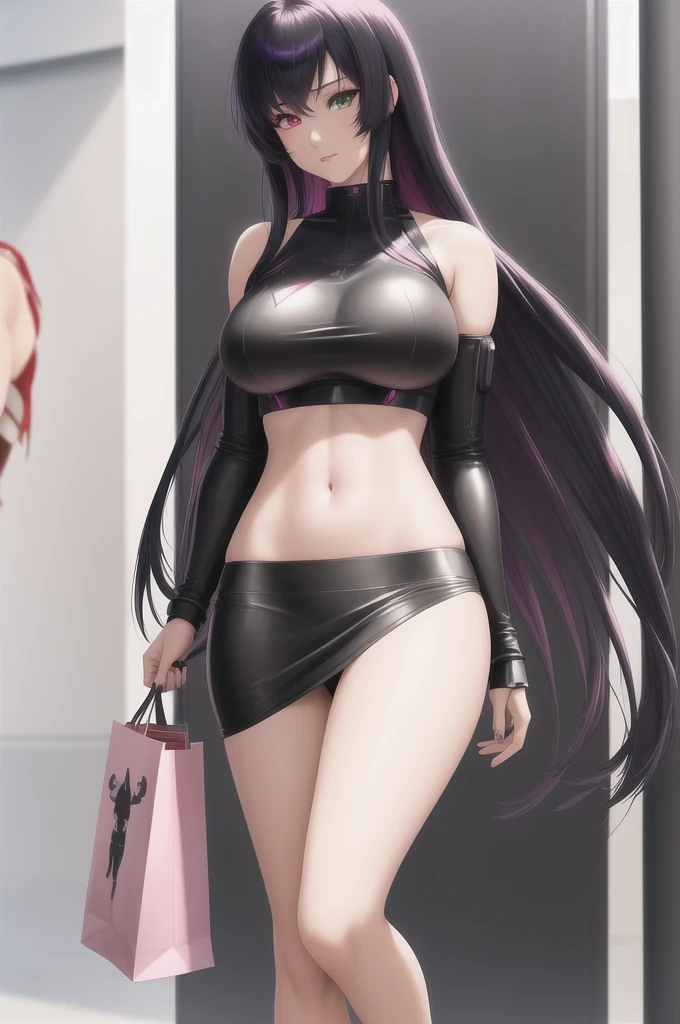 {{{masterpiece}}}, {{detailed}}, {detailed background}, {最high quality}, high quality, High resolution, 4K, Light, Glare, {detailed eyes}, motoko kusanagi, Long, messy black hair that reaches the shoulders., Heterochromia with red and gray irises, White crop top with a black symbol and pink skirt, Happy, shopping, Full body beautiful anime style woman, clean detailed faces, Complex clothing, Similar colors, Shining Shadow, Beautiful gradation, Depth of written boundary, Beautiful images, high quality, Attention to detail, High resolution, Luminous Studio Graphics Engine, Cute Face, Narrow waist, Nice hips,