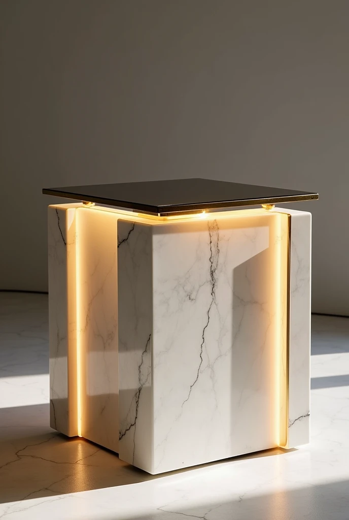 A small table with four thin legs made of white marble, 5 centimeters wide each leg, located at the four corners of the table. Between each pair of legs, there is a clear glass panel that extends between the legs, forming the sides. Inside the table, there is a warm golden LED light that illuminates from within, allowing light to pass through the glass and create a warm and attractive glow that reflects through the dark glass on the table's upper surface.. The design features a sleek gold frame around the glass, adding a touch of luxury to the table