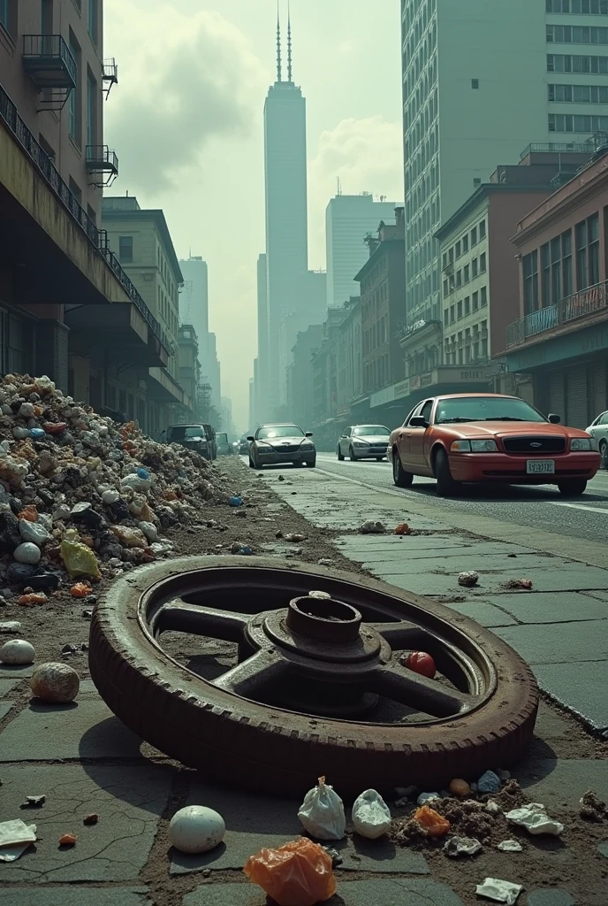 (photorealism:1.2), a polluted city, wheel, garbage, cars
