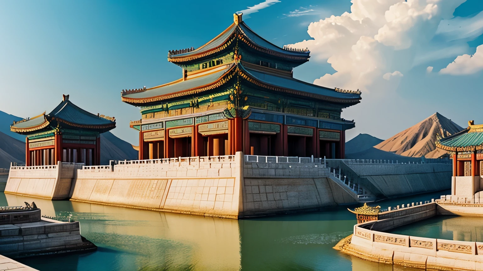 A stunning depiction of the (((transition from the Xia Dynasty to the Shang Dynasty))), showcasing the shared architectural and cultural elements that symbolize the continuity of civilization.