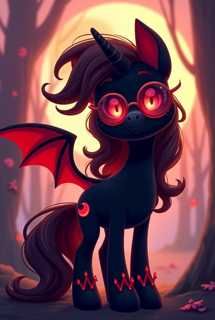 Black pony with red bat wings, Bat ears with red tips. The mane is black and red.. 2D girl with red glasses WITHOUT HORN cutie mark of a red moon, she has NO HORN, She only has wings.. There is no person next to her, she's the only one. She is wearing round glasses with red lenses..