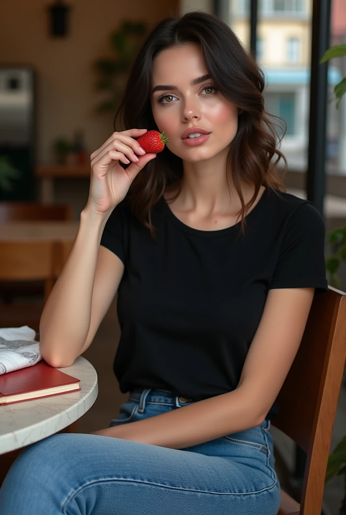 Beautiful brunette in a basic black T-shirt, covering the body completely and wearing blue jeans, sitting at a table in a beautiful cafe , all together with a beautiful blonde friend, the whole body is visible completely, pose sexy, put book, gets high, Beautiful and slender legs, from above view, very realisitic photoshot, the photoshot cannot be separated from the real thing, realisitic shadows on the skin, fleshy lips, lips like Mia Khalifa, 5 ways% mia khalifa, large swollen lips, very detailled, 27 year old, inoccent face, natural wavy hair, detailed lips, greeneyes, Emily Ratajkowski'S shapes, A high resolution, work of art, best qualityer, complex parts, very detailled, sharp focus, skin detailed, texture de peau realisitic, texture, detailedeyes, proffesional, 4K, charming smile, shot in Canon, 85mm, Shallow depth of field, Kodak Vision Colors, perfectly fitted body, extremely detaild, photoshotr_\(ultra\), photoshotrealisitic, realisitic, Treatment after, Maximum details, roughness, real-life, ultra realisitic, photoshotrealism, photoshot, 8k, photoshot, very small cutout, witheout panties, sexuell, flirts with the camera, olhar sexuell, look directly into the camera, An open face, do not wear underwear, ?????? visible under t-shirt, eating strawberry