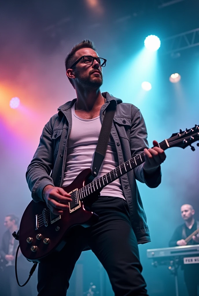 A heavy metal style man wearing strong square glasses with a white tank top wearing a gray hoodie over it open playing guitar at a heavy metal show