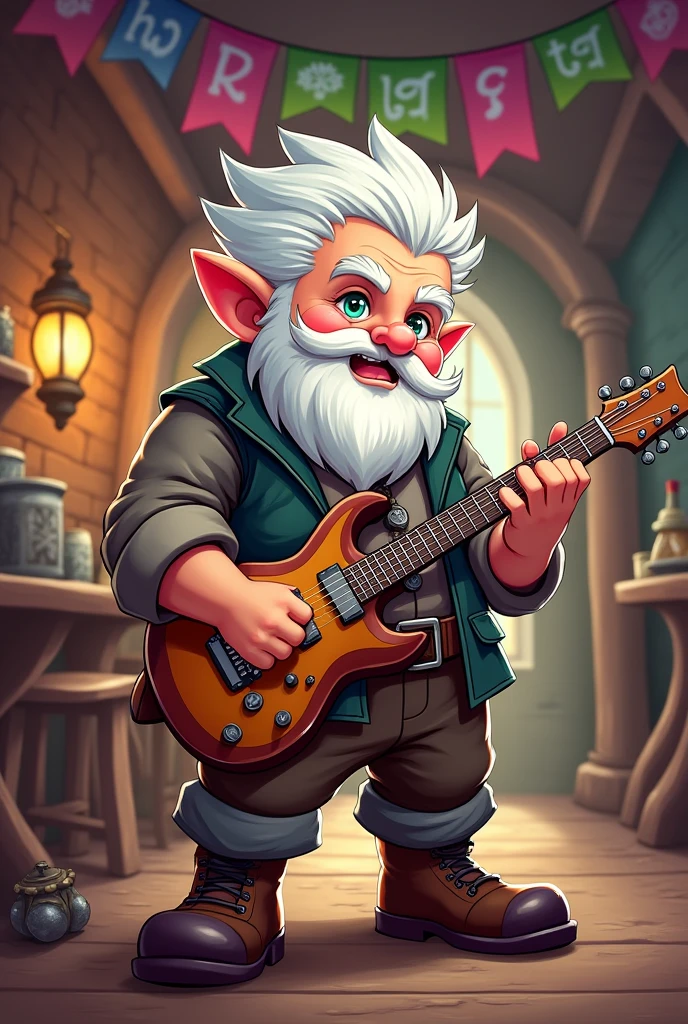 Dwarf guitarist, RPG character sheet drawing, White hair, one blue eye and one green eye, simple drawing, toon web style
