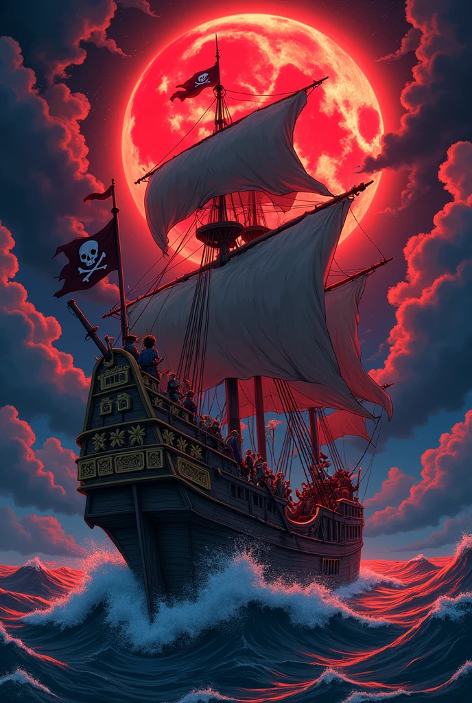 anime type, wolf looking red moon on pirate boat