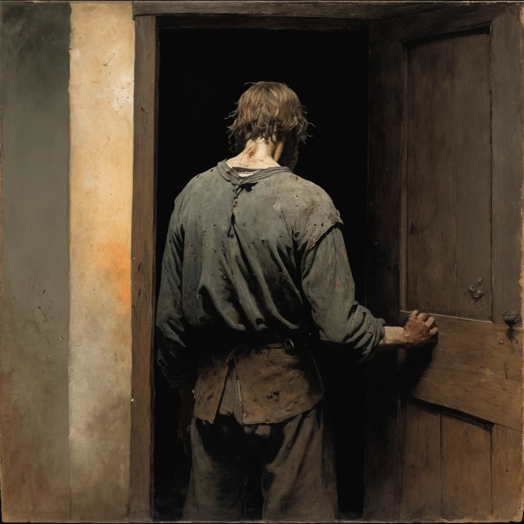 view from behind 15th century sweaty man Winslow Homer Style, oil painting, 15th-century loser with greasy, shoulder-length hair and a patchy,scrawny , scraggly beard. His eyes are sunken with dark circles, and his clothes are tattered, stained, and hang loosely on his bony frame. neglected, unkempt appearance. walking down a dark hall way with a door at the end of it candle night time