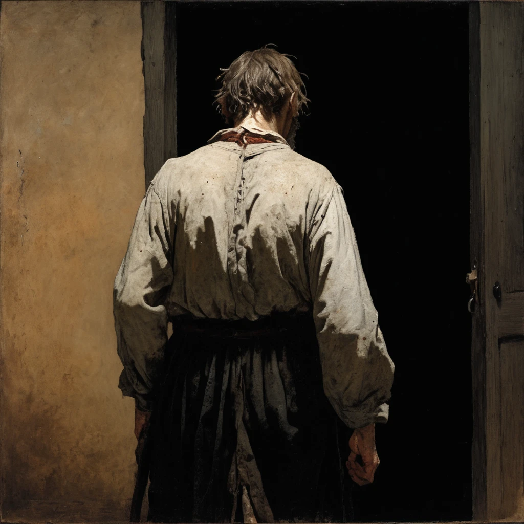 view from behind 15th century sweaty man Winslow Homer Style, oil painting, 15th-century loser with greasy, shoulder-length hair and a patchy,scrawny , scraggly beard. His eyes are sunken with dark circles, and his clothes are tattered, stained, and hang loosely on his bony frame. neglected, unkempt appearance. walking down a dark hall way with a door at the end of it candle night time
