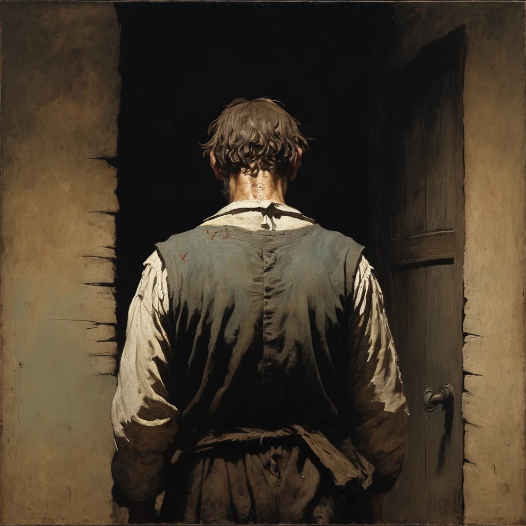 view from behind  15th century  sweaty man  Winslow Homer Style, oil painting, 15th-century loser with greasy, shoulder-length hair and a patchy,scrawny , scraggly beard. His eyes are sunken with dark circles, and his clothes are tattered, stained, and hang loosely on his bony frame. neglected, unkempt appearance. walking down a dark hall way with a door at the end of it candle night time