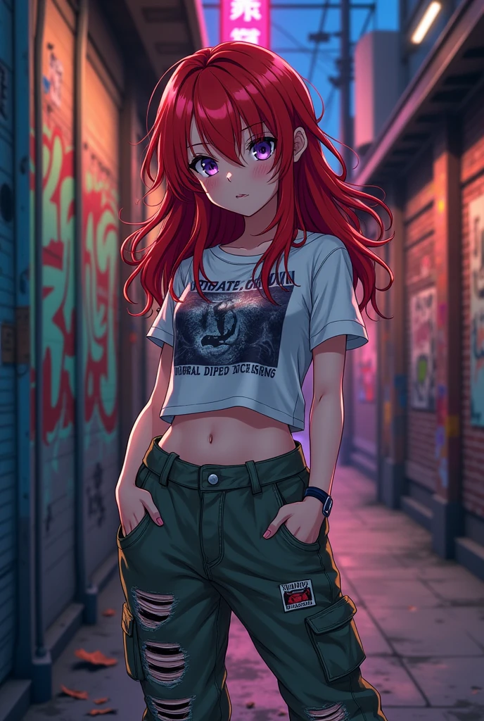 Make a red-haired  girl with purple eyes wearing ripped masculine clothes.
Anime style.