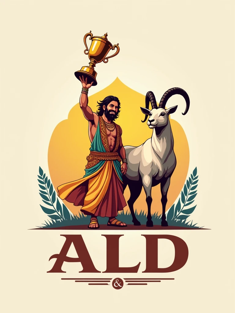 Create a logo with the name ALD featuring an Indian holding a trophy and a goat by his side.