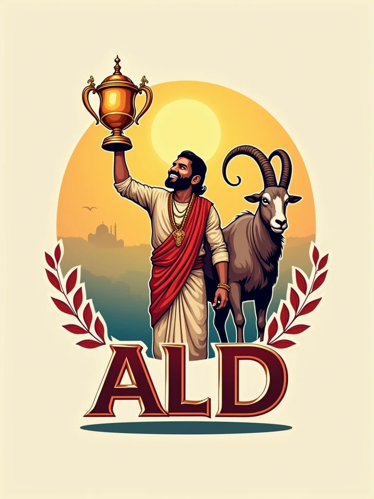 Create a logo with the name ALD featuring an Indian holding a trophy and a goat by his side.