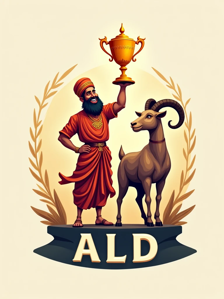 Create a logo with the name ALD featuring an Indian holding a trophy and a goat by his side.