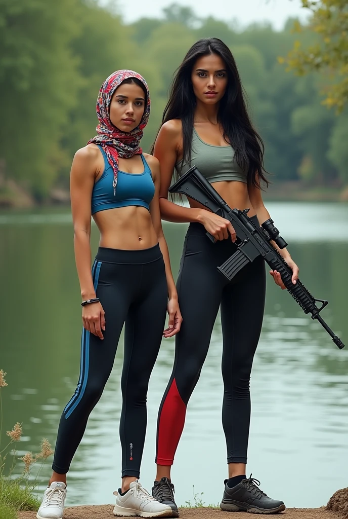There are two girls. One is wearing a headscarf, 23, There are 1.67 in height. The other girl is 25 years old, has long black hair and is 1.80 in height. They should be strong and agile. The two girls are cousins and there should be full-length photos of them side by side.  They should be dressed in sporty clothes but not revealing. The girl with long hair should have a gun in her hand. Their photos should be taken at URFA FISH LAKE.