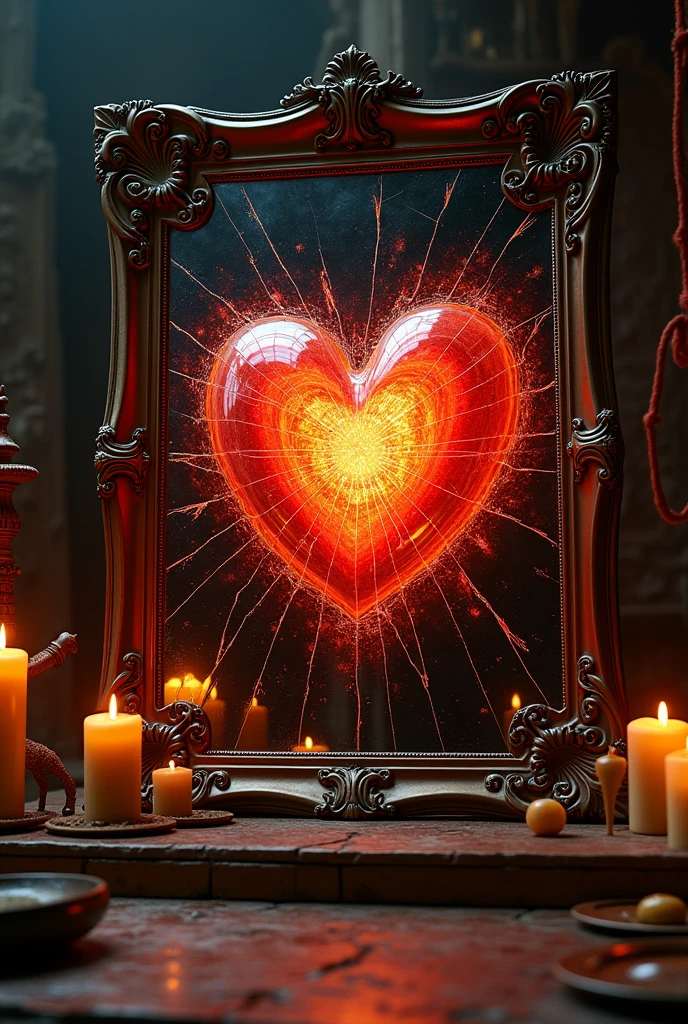 A mirror begins to crack, and through the fractures, a glowing heart or soul is visible, pulsing with life.(fantasy illustration:1.3), Premium quality,technological details, Authentic background, (realism: 1.5), (Realisitc: 1.4), (Absurdity:1.4), 8k, ultra-detailed, detailed, (One only: 1.4 only), (Viewer facing: 1.3),Nikon D850, (sharp focus:1.2),ultra realistic, cinematic film