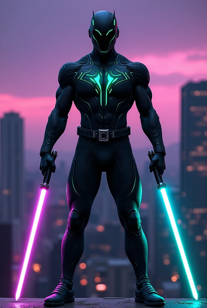 A black superhero suit that has something to do with a brother, uses sabers, is original, isn't too covered, and has more colors.