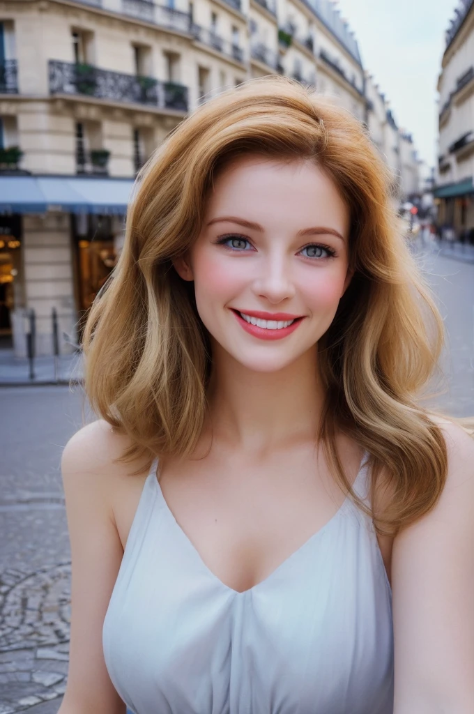 belle femme , photo realistic , a paris , soft lighiting , vibrante couleurs , souriante