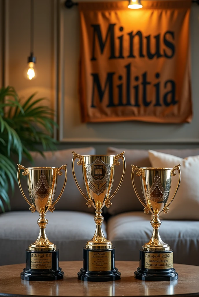 Realistic image of 3 trophies displayed in a showcase in a living room with the text Minus Militia as the main decoration
