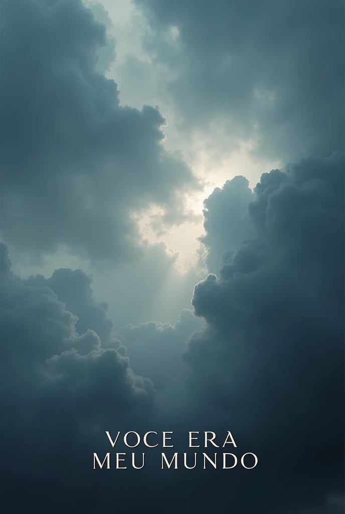 Develop a single cover titled 'VOCE ERA MEU MUNDO'. The art should evoke a feeling of melancholy and romance, aligning with the depressive and romantic style of the music.
Sky and Clouds: Depict a dramatic, cloudy sky, with dense, dark clouds, conveying the feeling of sadness and deep reflection.
Lights: Add faint, ethereal beams of light emerging through the clouds, symbolizing the memory of happy times and the hope that persists even in pain.
Environment: Use a cold color palette, such as shades of gray, blue and lilac, to create an atmosphere of sadness and longing.
Texts: Place the title 'VOCE ERA MEU MUNDO' in a delicate and sophisticated font, preferably in the lower or central corner of the image, ensuring that it integrates harmoniously with the art.
Additional details:
The cover should have a realistic and emotional style, capturing the depth of feelings expressed in the song's lyrics.
Maintain a clean, impactful design so that the visual art complements and amplifies the song's lyrical message.