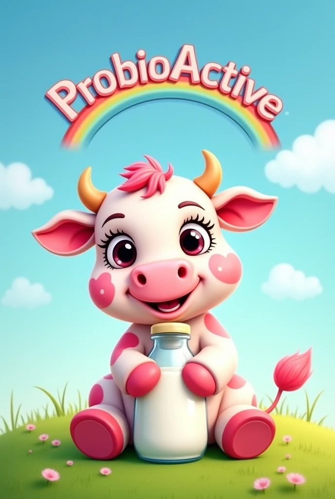 cute cow sitting animated with long eyelashes holding a bottle of milk. with the word ProbioActive