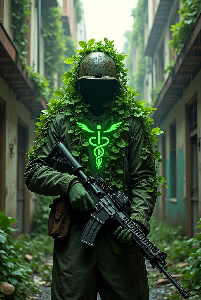 The symbol of health with a rifle and helmet .