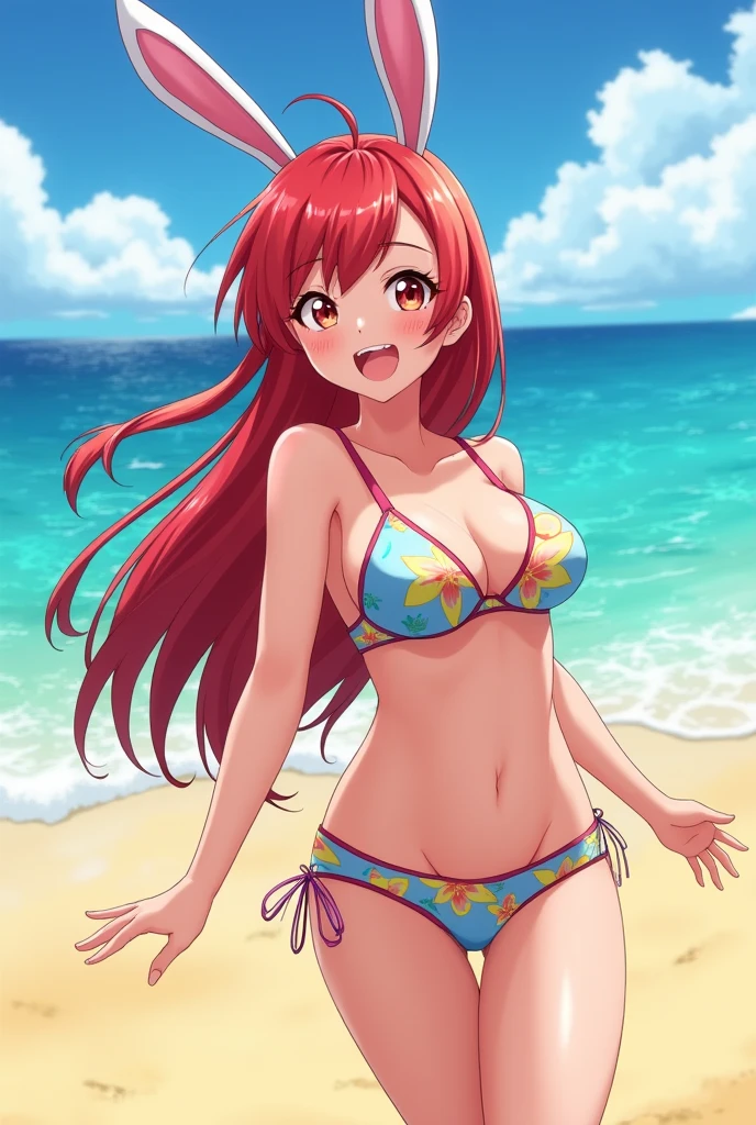 Redhead anime woman in mini bikini on the beach with bunny ears, with a big ass and an open mouth