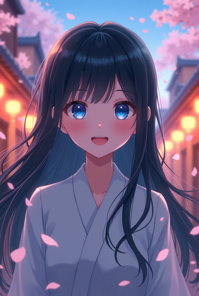 A Chinese anime, with grey and blue tones, smiling and with blue eyes